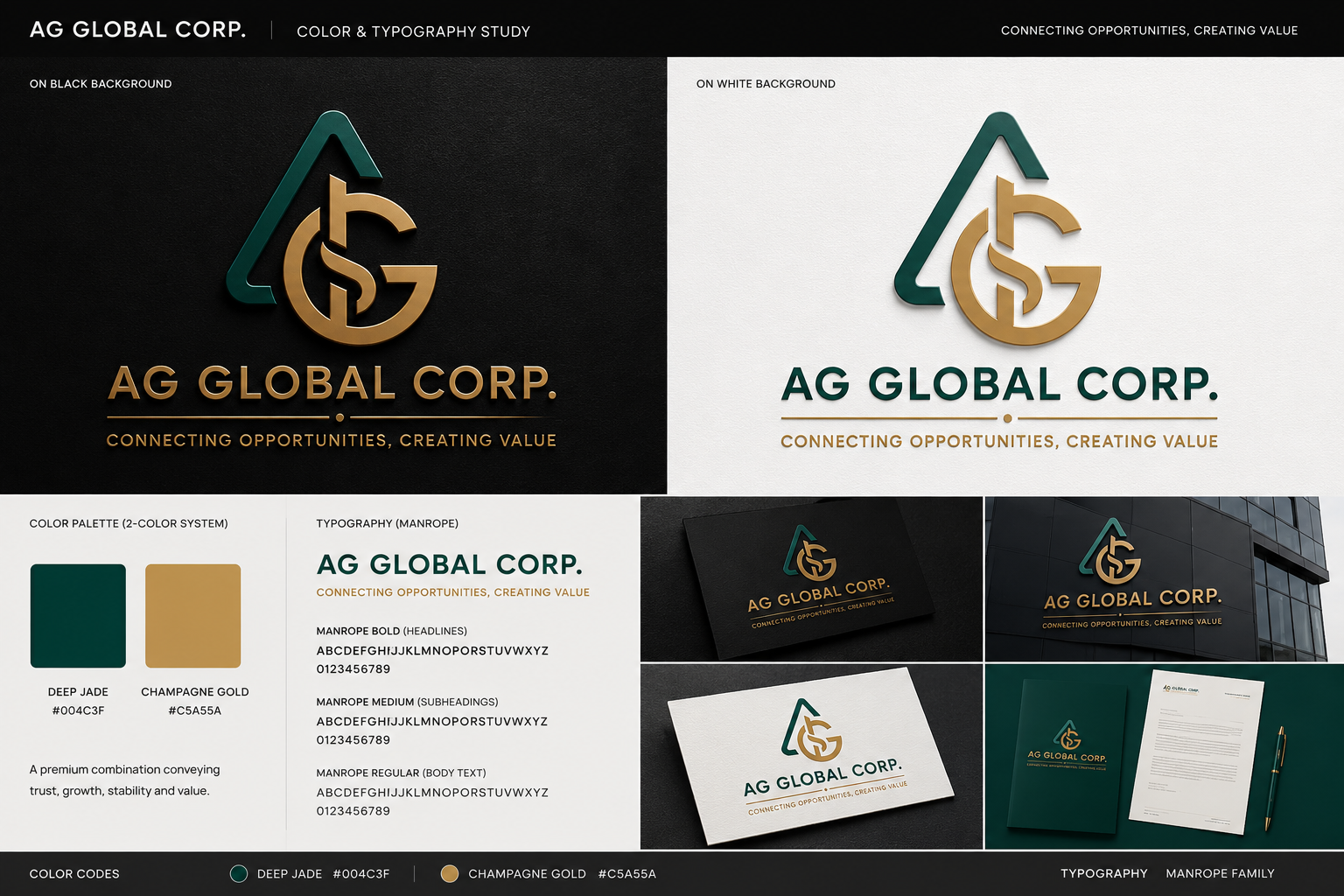AG Global Corp. gold and deep jade monogram with the slogan Connecting Opportunities, Creating Value