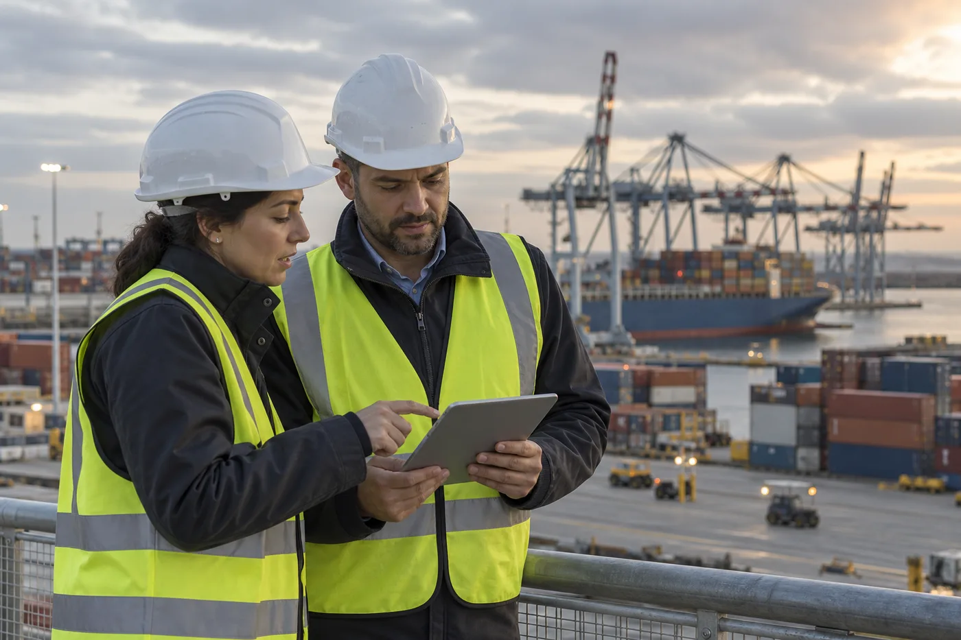 Illustrative logistics professionals reviewing shipment information at a container terminal