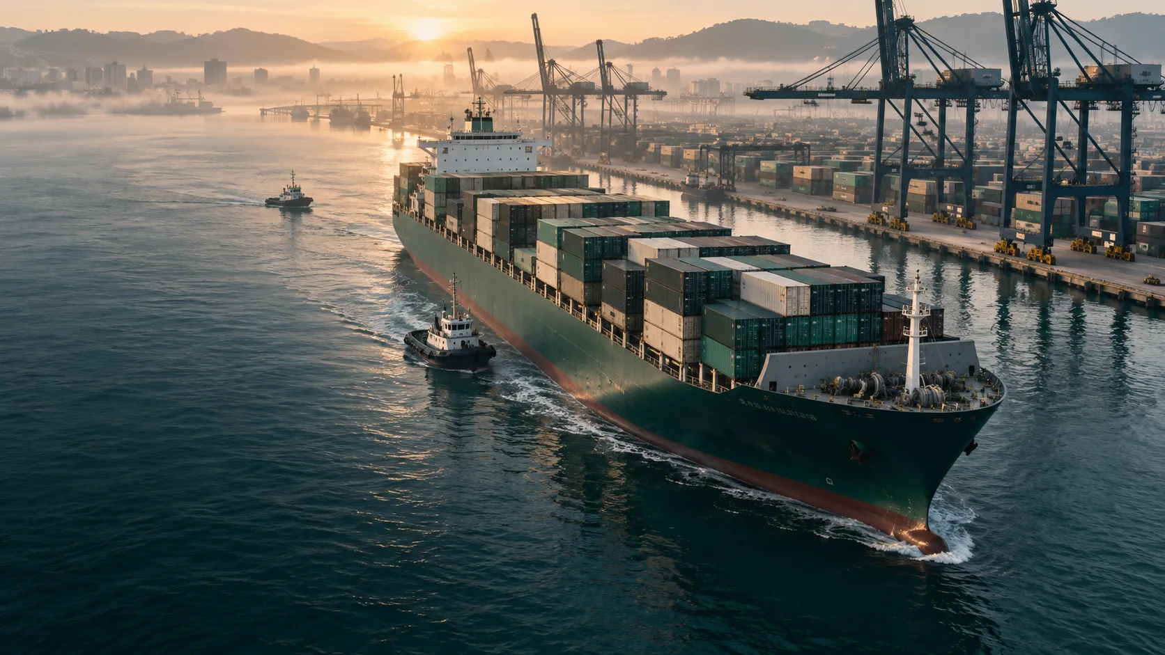 Illustrative container vessel and port at sunrise